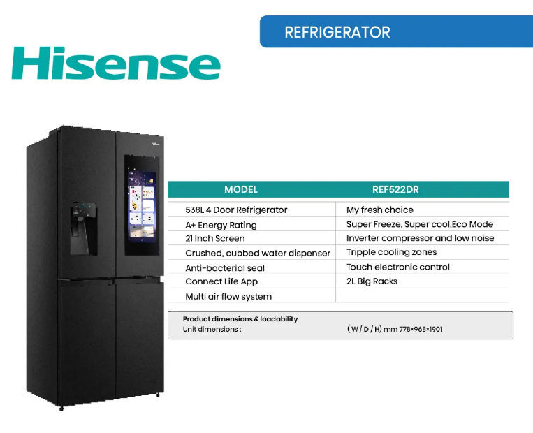 Hisense 538 Liters Fridge REF522DR
