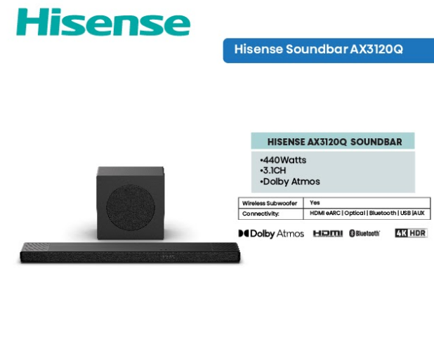 Hisense AX3120Q 440W 3.1.2 Channel Dolby Atmos Soundbar Price in Kenya