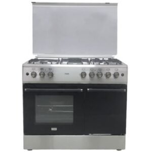 MIKA STANDING COOKER MST9041WEG6HI 90CM X 60 CM 4 Gas Pool Jet Burners (1 Wok) + 1Hot Plate GAS CYLINDER CABINET,Mirror Black Hob, Silver Body