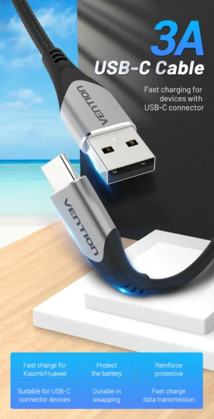 Vention Cotton Braided USB 2.0 A Male to Type C Male 3A Fast Charging and Data Transfer Cable 1M